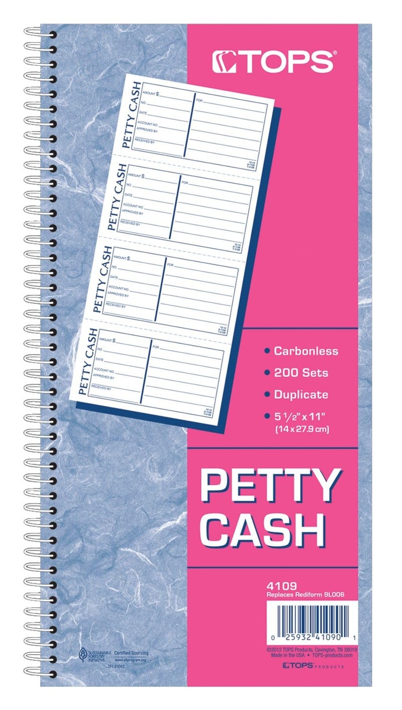 TOPS Spiral Petty Cash Receipt Book, 2-Part, Carbonless, 4 Messages per Page, 200 Sets per Book (4109) - Image 1